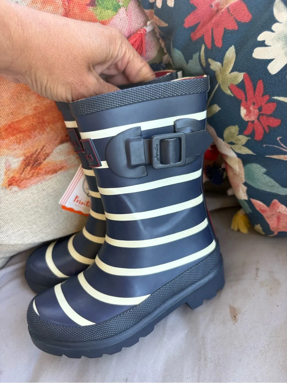 Joules Kids Navy and Cream Striped Rain Boots